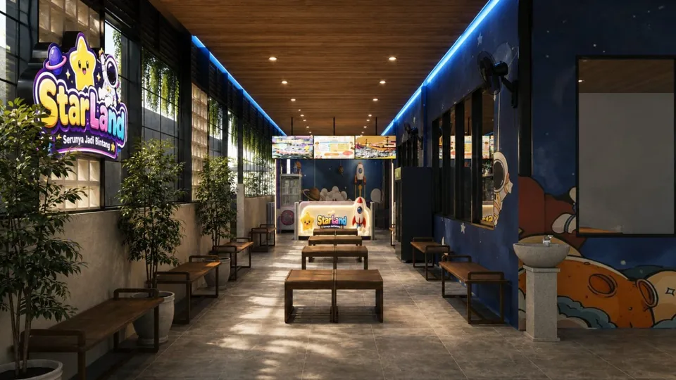 Visual koridor masuk dengan logo playground dan tempat duduk keluarga