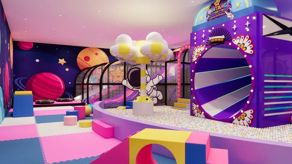 Visual lebar area indoor berwarna pink, ungu, dan biru dengan kolam bola serta softplay